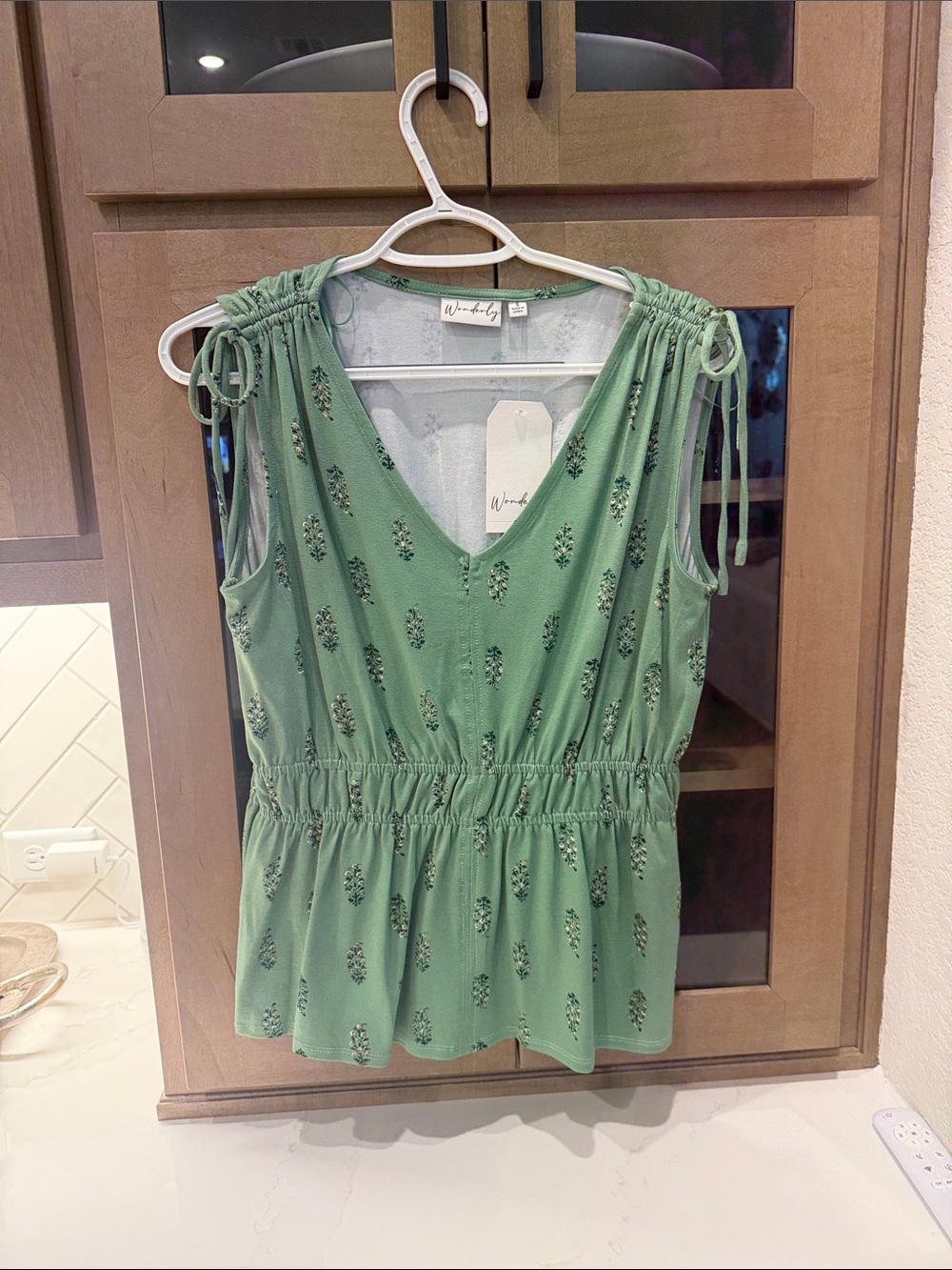 Wonderly Sage Green V-Neck Ruched Shoulder Peplum Tank